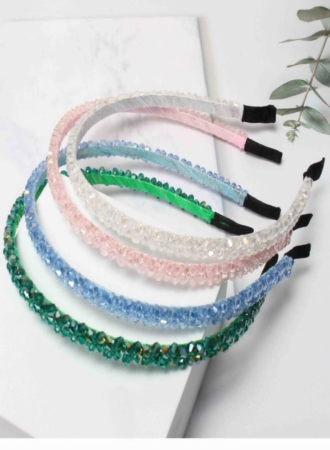 Cuizhiyu 4 PK Crystal Rhinestone Headbands for Women Girls Double Rows Sparkly Beaded Hair Hoops Pink Weave Narrow Hair Bands Hair Accessories (Color B) - Image 4